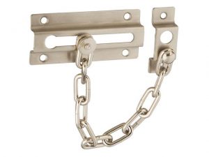 Stainless steel door security latch with chain and lock mechanism.
