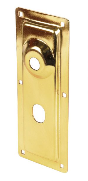 Gold-colored, rectangular strike plate for a door lock mechanism.