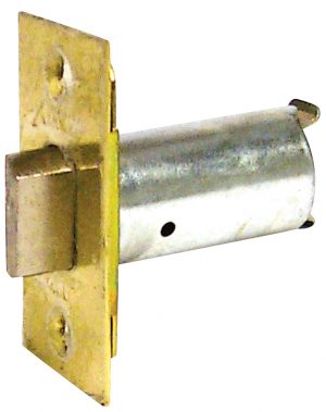 Metal door hinge with a brass flange and silver cylinder on a white background.