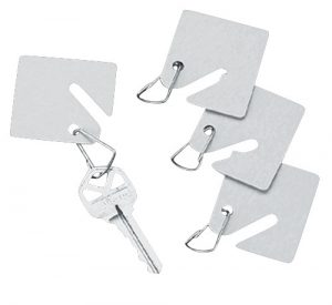 Binder clips attached to square tags with a key hanging from one clip, on a white background.