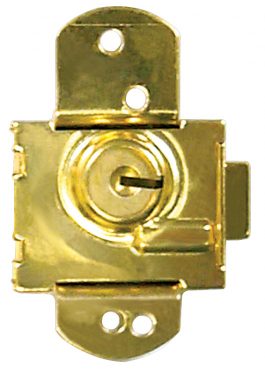 A brass-colored metal slide latch for securing doors or gates.