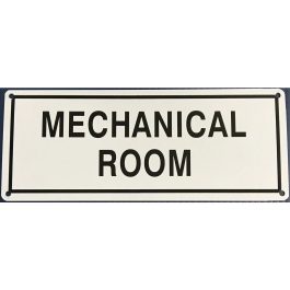 Signboard with the text "MECHANICAL ROOM" on a white background with black letters.