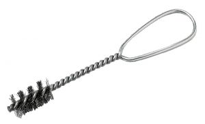 A metal bottle brush with a twisted handle and bristled end on a white background.