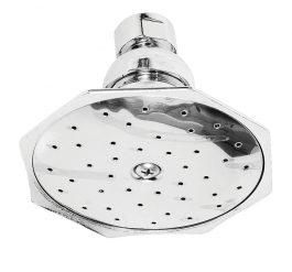 Chrome shower head with a pattern of water nozzles.