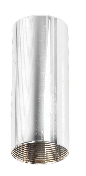 Cylindrical metal lampshade with a ribbed silver finish isolated on white background.