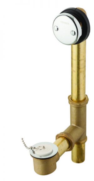 Brass bathtub drain with a chain-linked stopper and overflow cover on a white background.