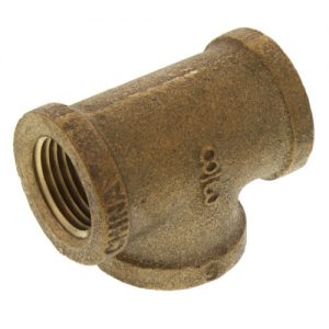 Brass pipe coupling with threaded female connectors on white background.