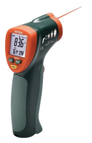 Infrared thermometer with digital display showing 36.6°C, handheld device with red laser pointer.