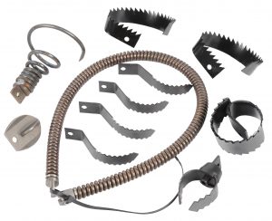Assorted metal trap parts with springs, clamps, and serrated jaws on a white background.