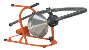 Orange manual concrete mixer with a drum and crank handle on white background.
