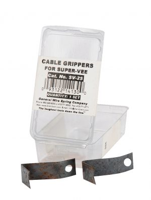 A clear plastic package with a label reading "Cable Grippers for Super-Vee" and two metal gripper parts in front.