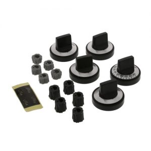 Assorted black potentiometer knobs and grey shaft adapters on a white background.