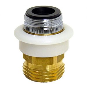 A faucet aerator with a white flow restrictor and brass connector on a white background.