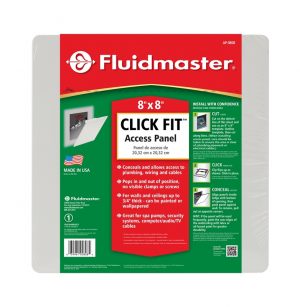 Packaging for Fluidmaster's 8x8 inch Click Fit Access Panel with product info and installation instructions.