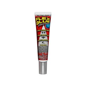 Tube of Flex Glue with red and black label, claiming super strong bond and underwater application.
