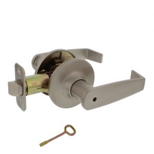 Satin nickel door handle with lockset and key on a white background.