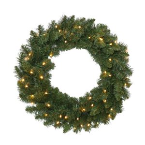 Evergreen holiday wreath with white lights on a white background.