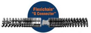Flexichain "TG Connector" mechanical component with springs and coupling on a blue background.