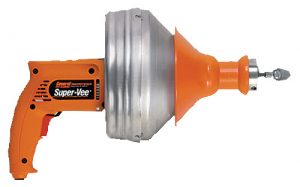 An orange and silver electric drain cleaning tool with the label "Super-Vee".