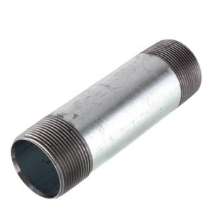 A metal pipe nipple with external threads isolated on a white background.
