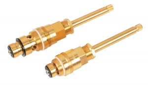 Two gold-colored metallic coaxial cable connectors on a white background.
