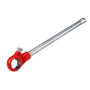 a red and silver handle with a screw on the end