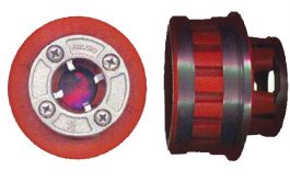 Two separate images of red skateboard wheel bearings on a white background.