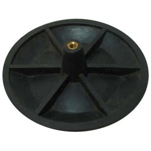 A black round plastic base with a central brass insert and ribbed design.