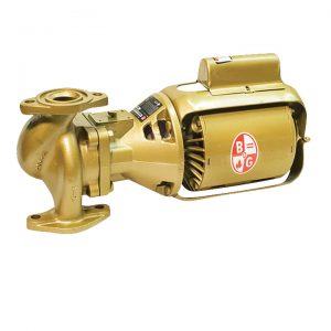 A bronze-colored industrial centrifugal pump with motor and brand logo on a white background.