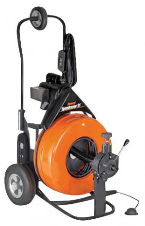 Orange commercial drain cleaning machine with black frame and wheels.