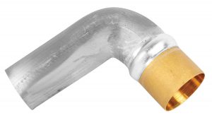 90-degree metal elbow pipe with a flared end on white background.