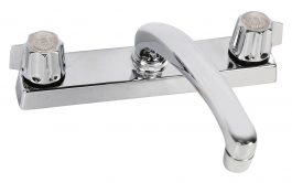 Chrome two-handle wall-mounted faucet on a white background.