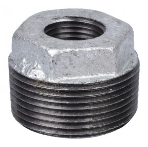 Close-up of a metal pipe reducer on a white background.