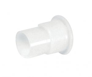 A white plastic adaptor with a cylindrical shape and a flanged end.