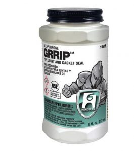 A container of Hercules all-purpose GRIPP™ Pipe Joint and Gasket Seal with safety warnings and logo.