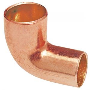 A copper 90-degree elbow pipe fitting on a white background.