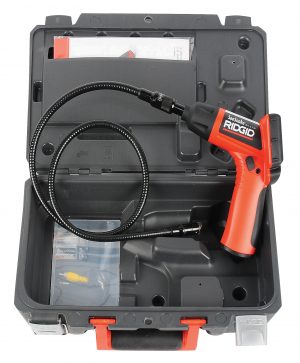 Ridgid inspection camera with flexible cable in a hard plastic case.