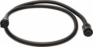 Flexible black gooseneck tube with threaded ends on a white background.