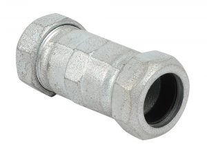 Galvanized steel pipe coupling on a white background.