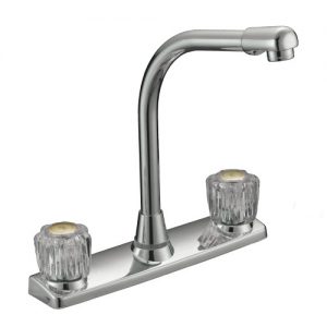 Chrome kitchen faucet with two clear handles on a white background.