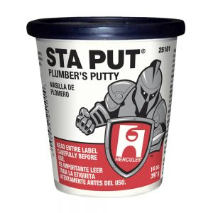Container of STA PUT® Plumber's Putty featuring a knight logo on the label.