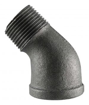 Close-up of a 90-degree black iron pipe elbow on a white background.