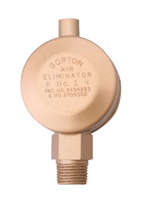 A beige Gorton air eliminator valve with printed text and patent numbers.