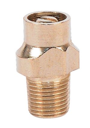 Brass F-type coaxial cable connector on a white background.