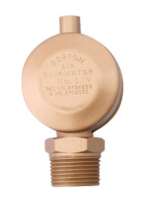 Gorton brass air eliminator for heating systems on white background.