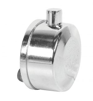 Shiny metal whistle with a ring for attachment, isolated on a white background.