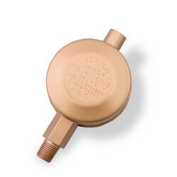 Copper circular heating system component with threaded connector on white background.