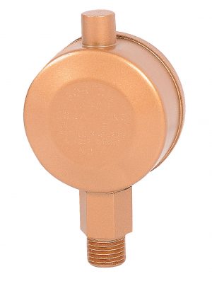 Copper-colored circular mechanical component with threaded connector.