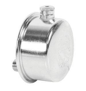 Shiny metal fuel filter for a vehicle on a white background.