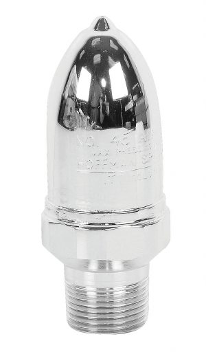A shiny metal air release valve with threaded connection.